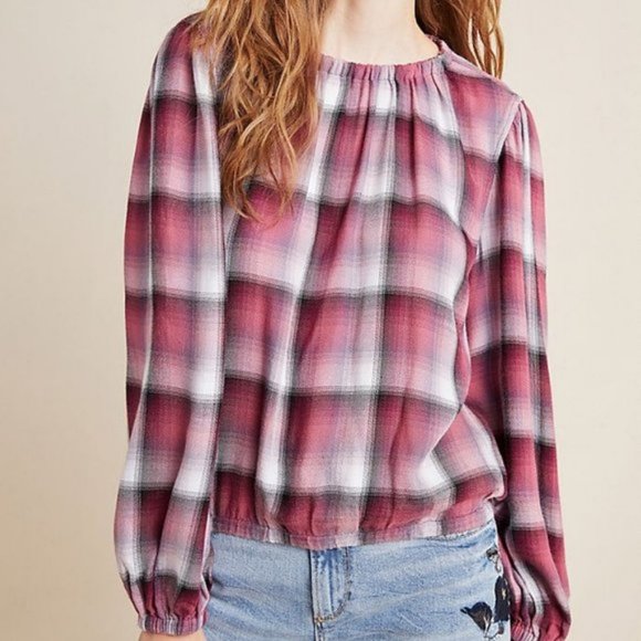 Anthropologie Cloth & Stone Glacier Pink Plaid Long Balloon Sleeve  Top S - Picture 3 of 9
